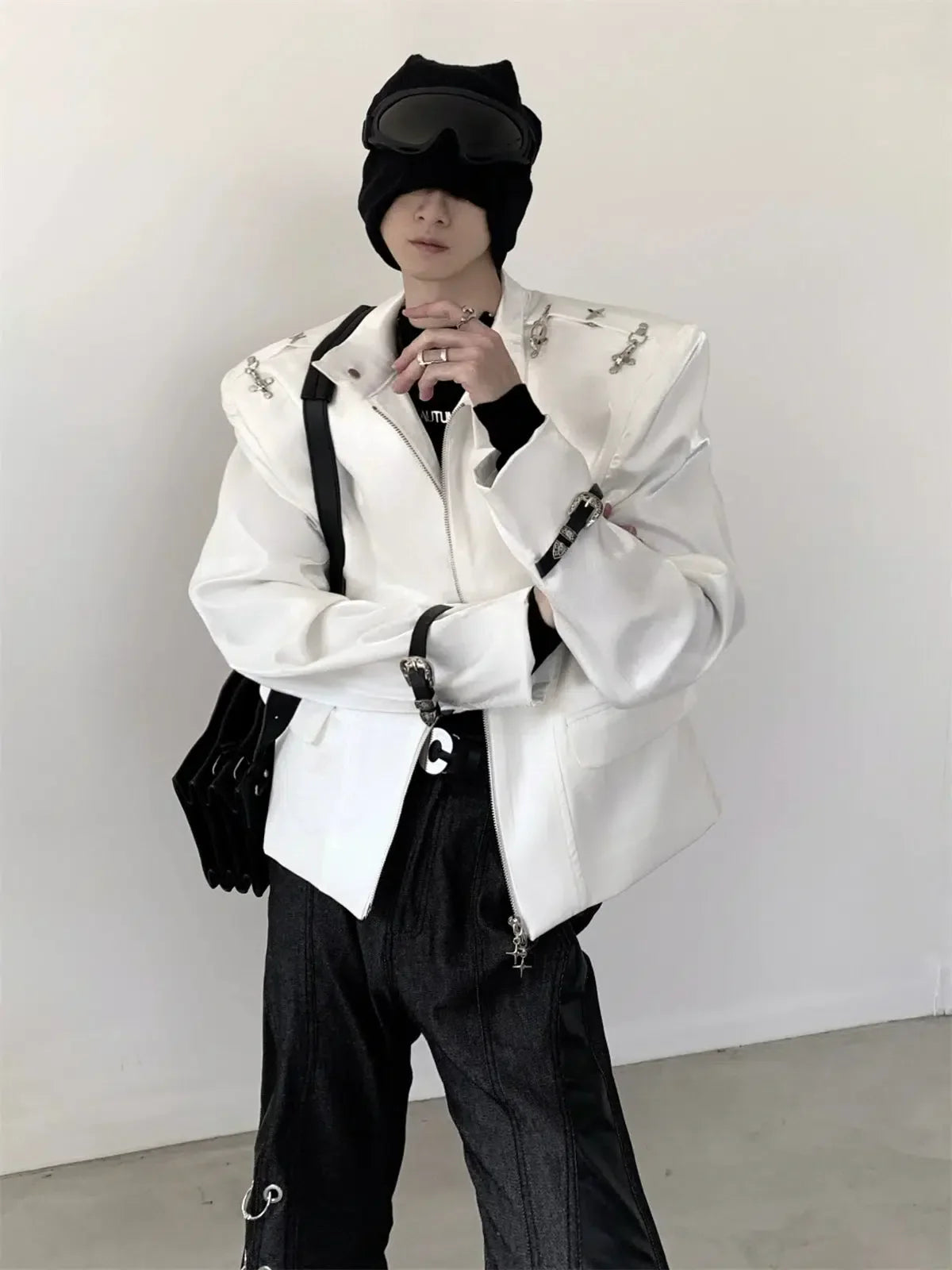 Metal Buckle Standing-collar PU Leather Jacket