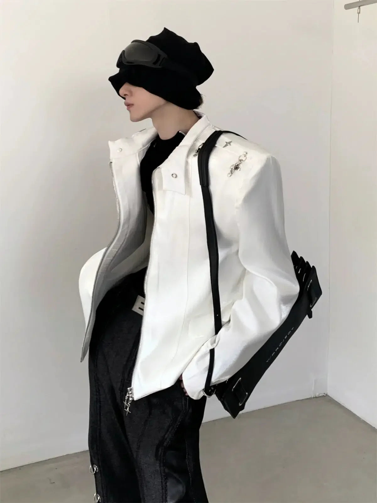 Metal Buckle Standing-collar PU Leather Jacket