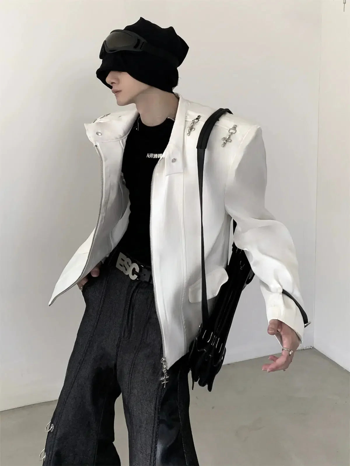 Metal Buckle Standing-collar PU Leather Jacket