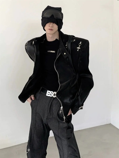 Veste en cuir PU à col montant avec boucle en métal - noir / M
