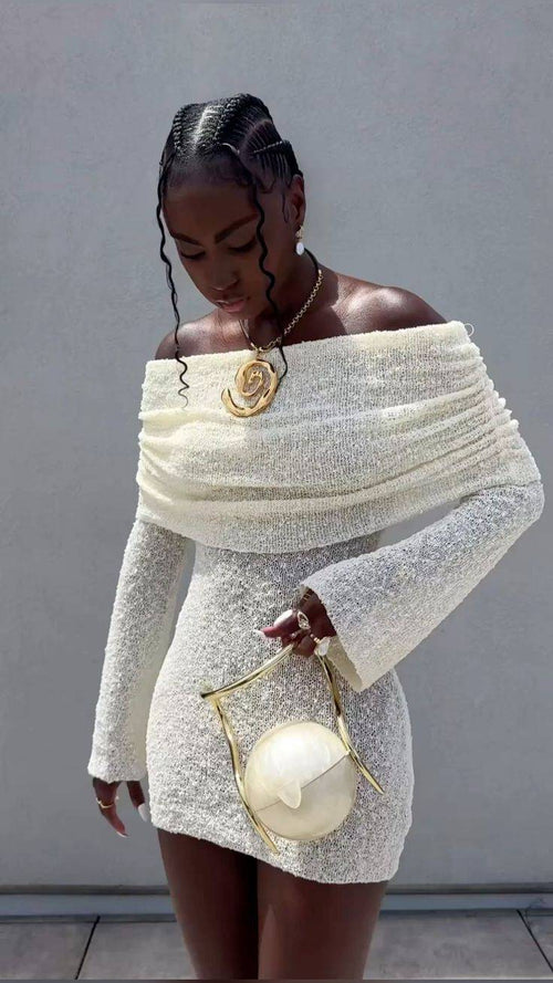 Damen Schulterfreies Häkel-Kurzes Kleid - S / Weiß