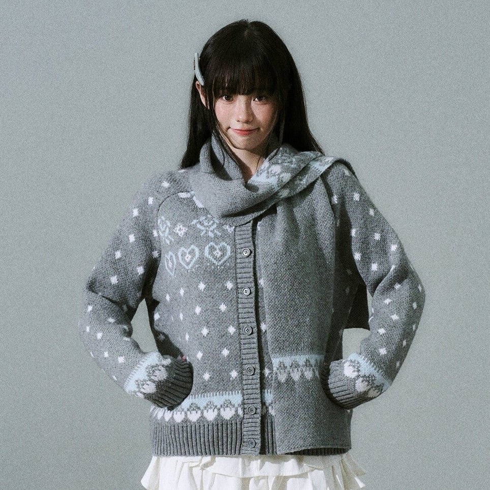 Fair Isle Pattern Wool Blend Scarf Knit Cardigan