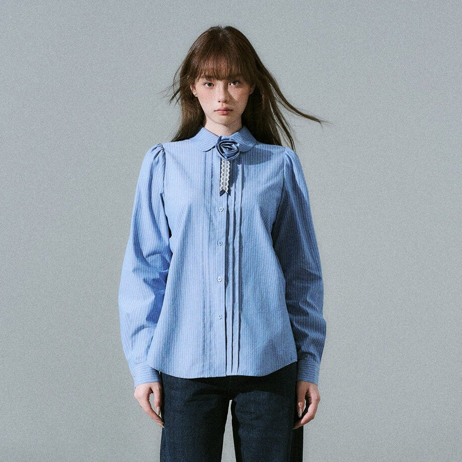 Lace & Flower Detail Stripe Long Sleeve Shirt