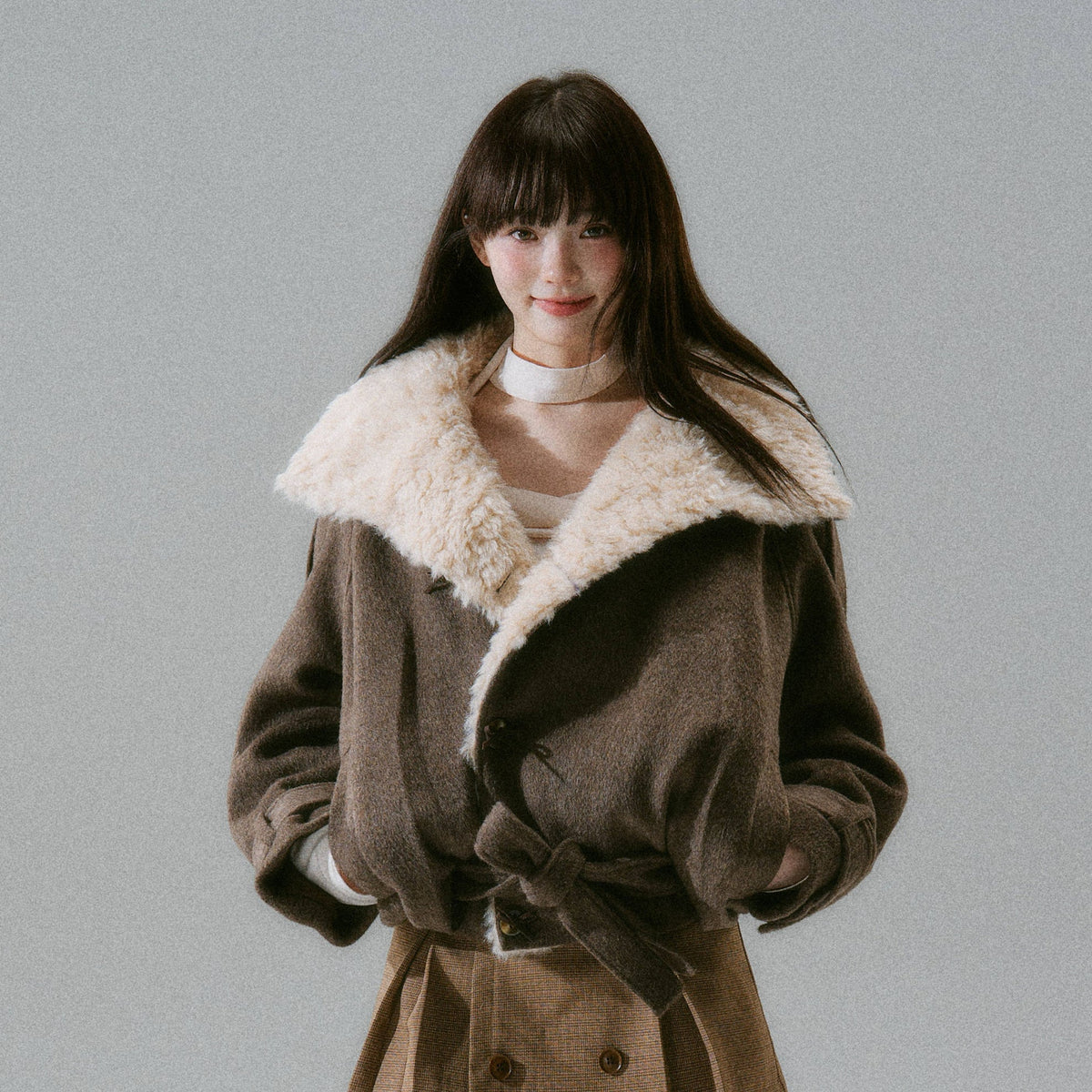 Fake Fur Collar Belted Jacket