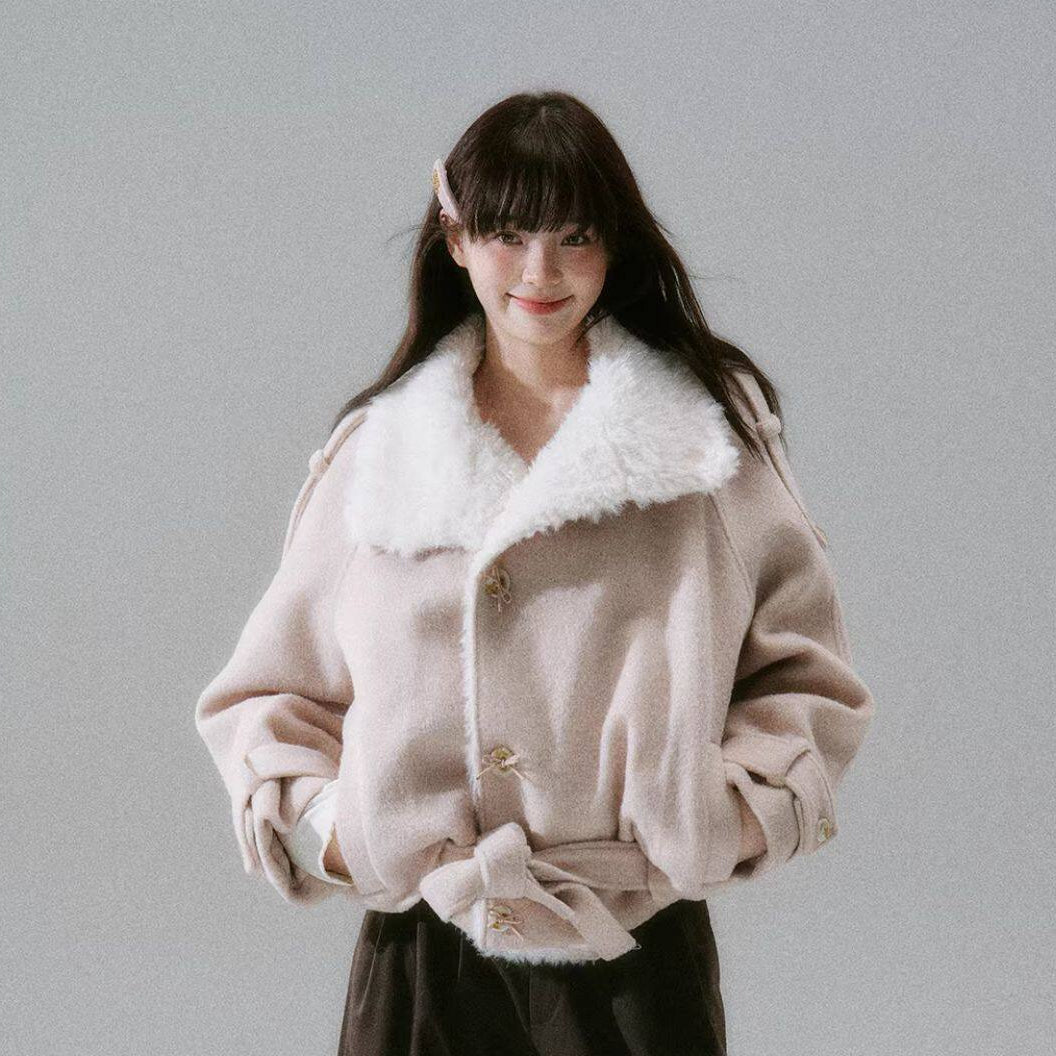 Fake Fur Collar Belted Jacket