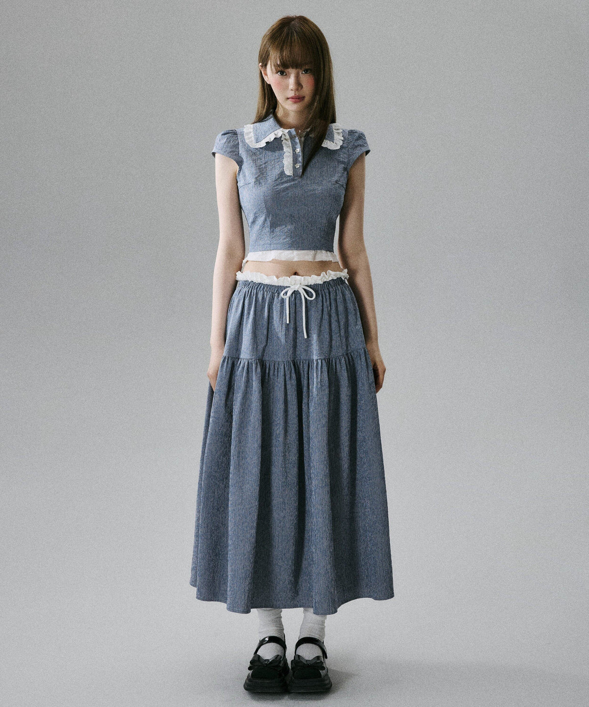 Lace-Trim Short Sleeve Shirt & Drawstring Skirt Setup