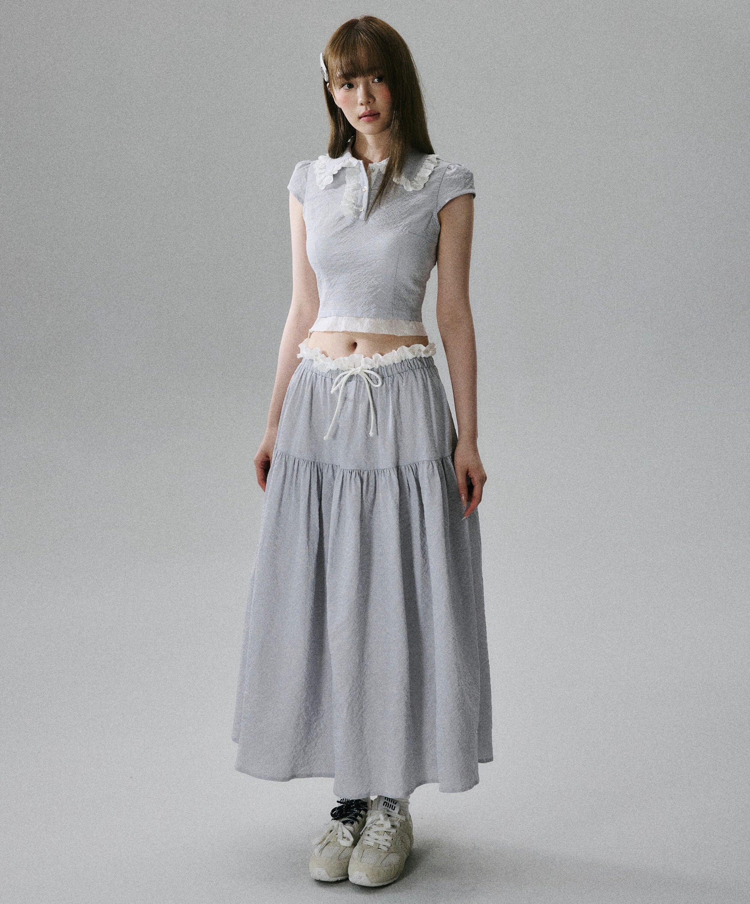 Lace-Trim Short Sleeve Shirt & Drawstring Skirt Setup