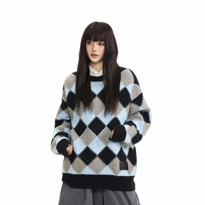Heavyweight Diamond Pattern Oversize Hooded Knit Cardigan & Knit Sweater