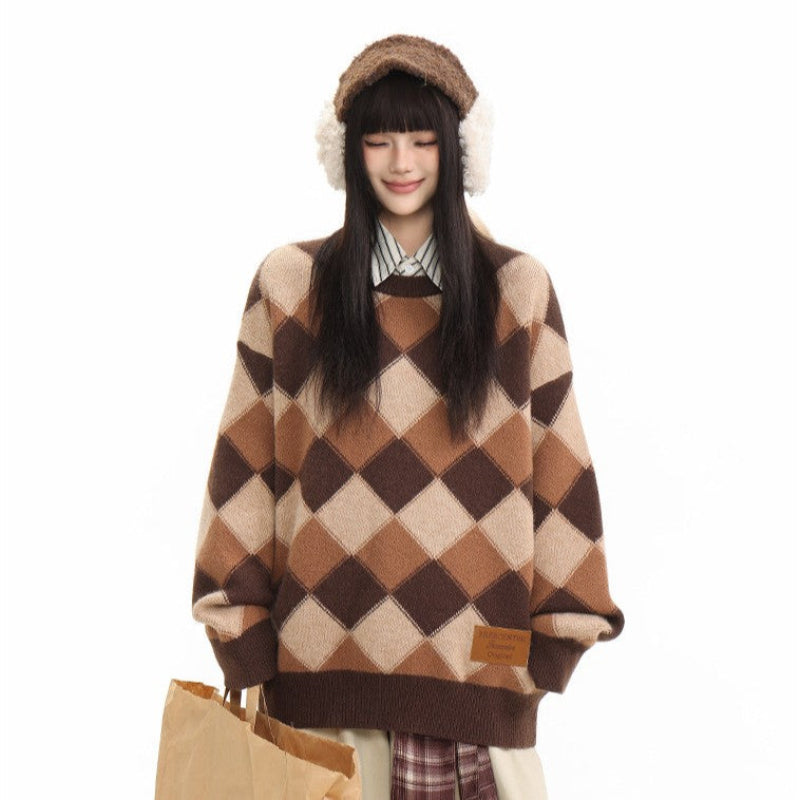 Heavyweight Diamond Pattern Oversize Hooded Knit Cardigan & Knit Sweater