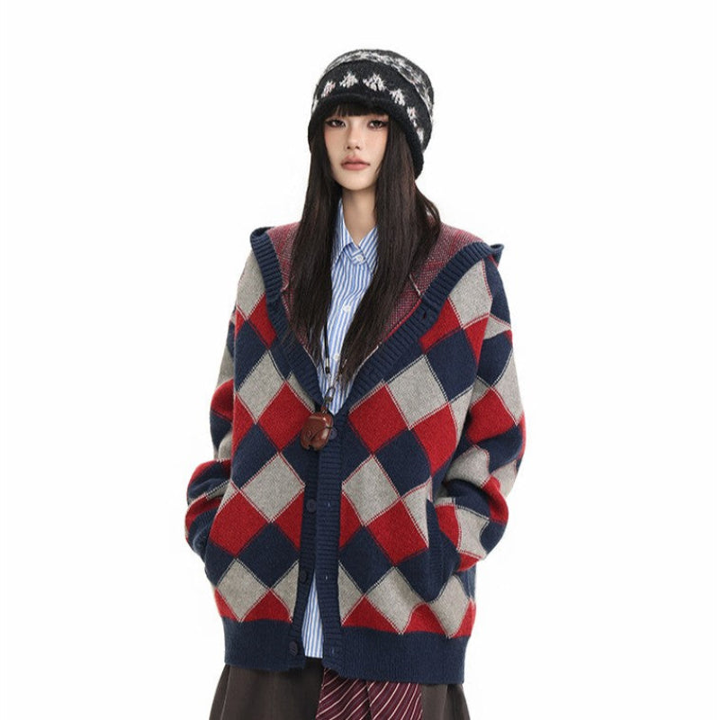 Heavyweight Diamond Pattern Oversize Hooded Knit Cardigan & Knit Sweater