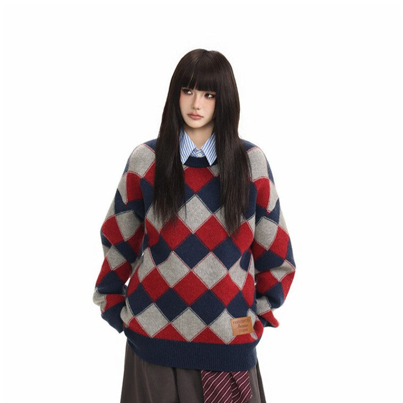 Heavyweight Diamond Pattern Oversize Hooded Knit Cardigan & Knit Sweater