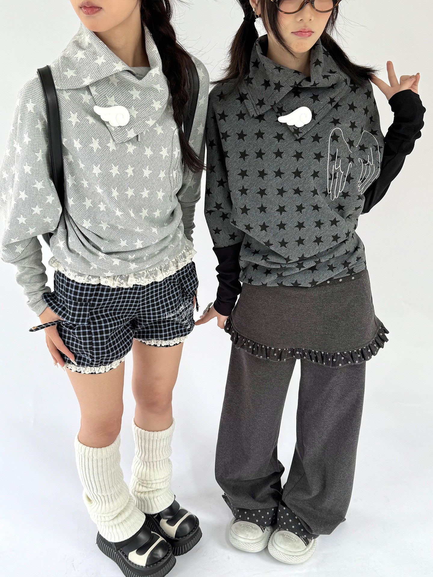 Star Print Wing Detail Layered Long Sleeve T-Shirt