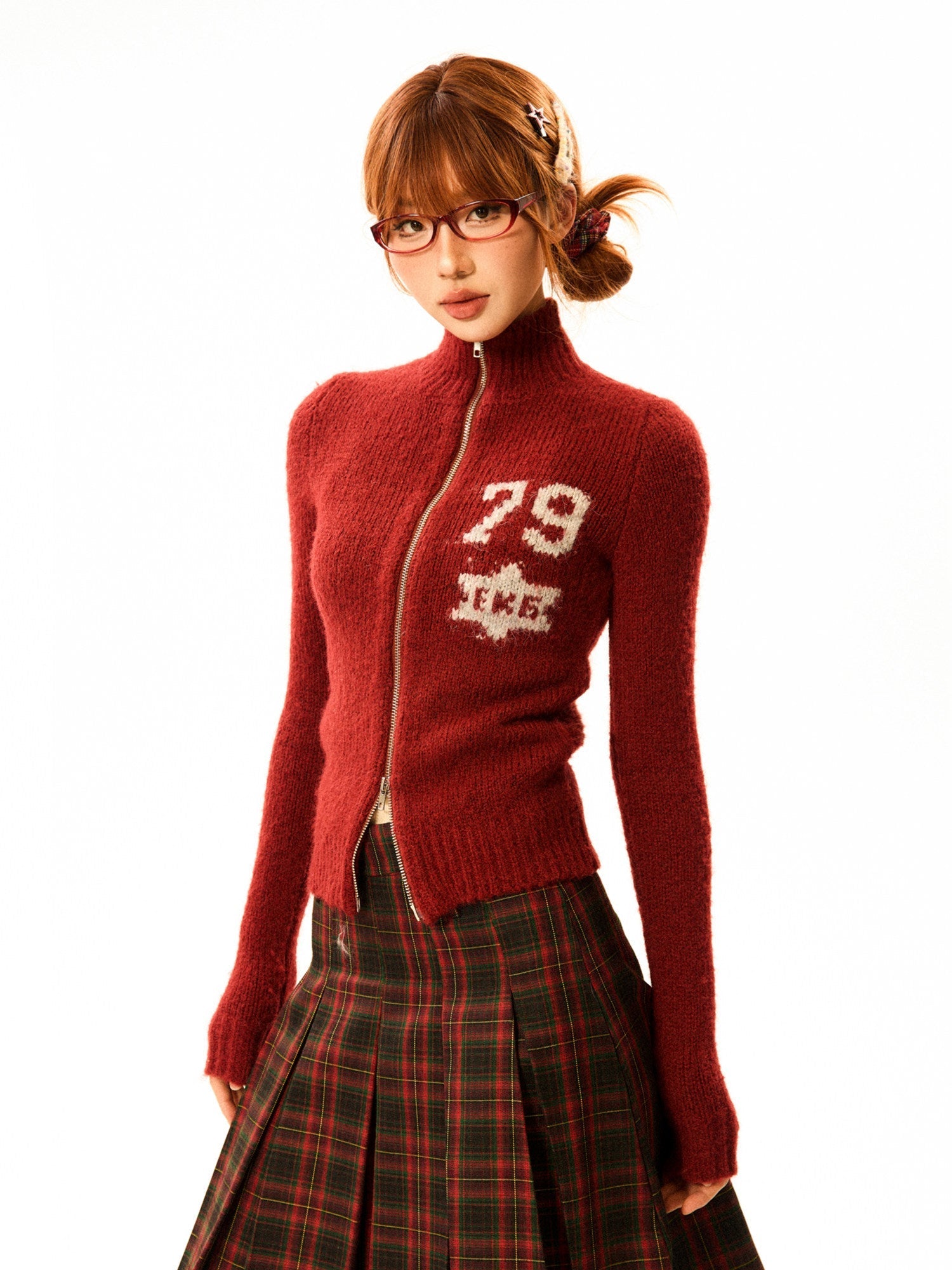 Number Patch Knit Zipper Stand Neck Cardigan
