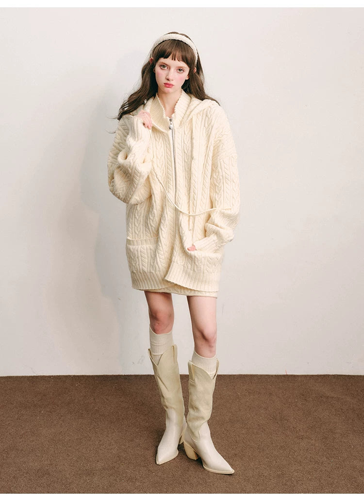 Bunny Hare Ear Hooded Zipper Knit Cardigan & Knit Skirt Setup