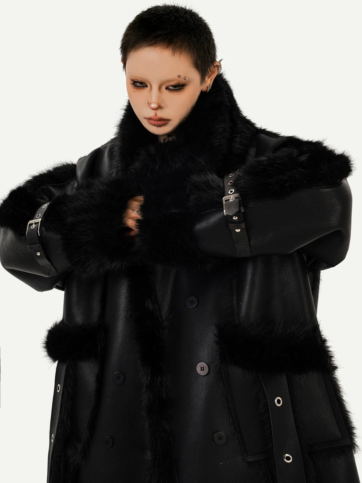 PU Leather Fake Fur Stand Neck Coat