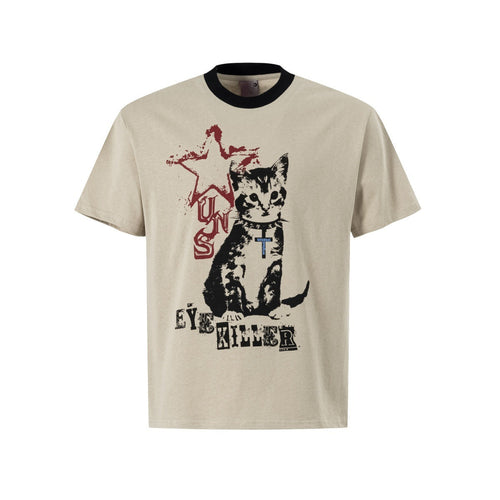 T-Shirt mit Katzen-Grafik-Print - Beige / S