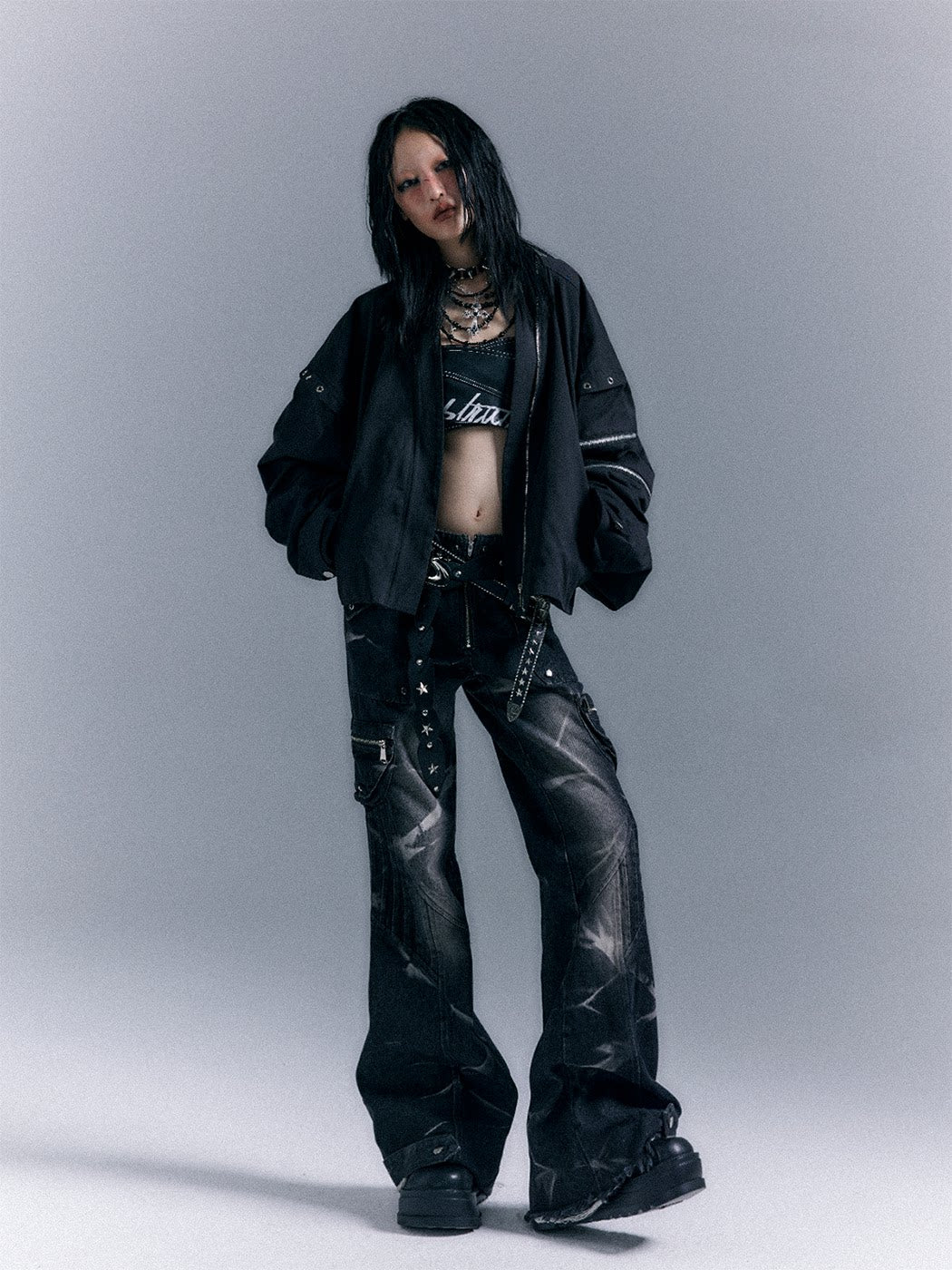 Low-Waist Studs Washed Flare Denim Jeans