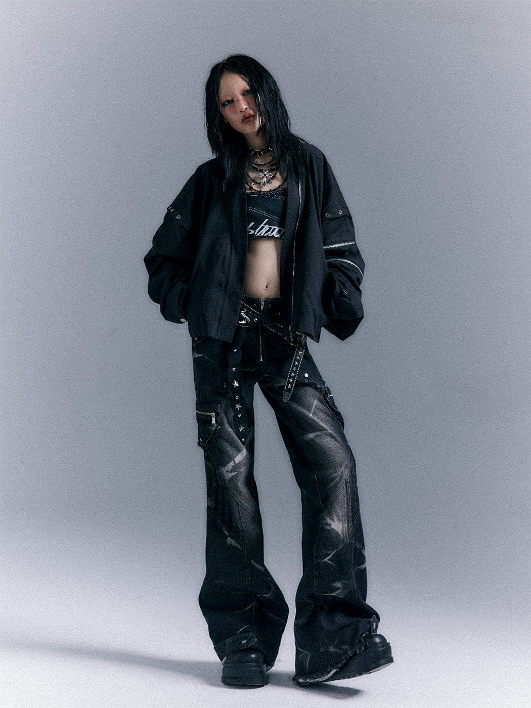 Low-Waist Studs Washed Flare Denim Jeans