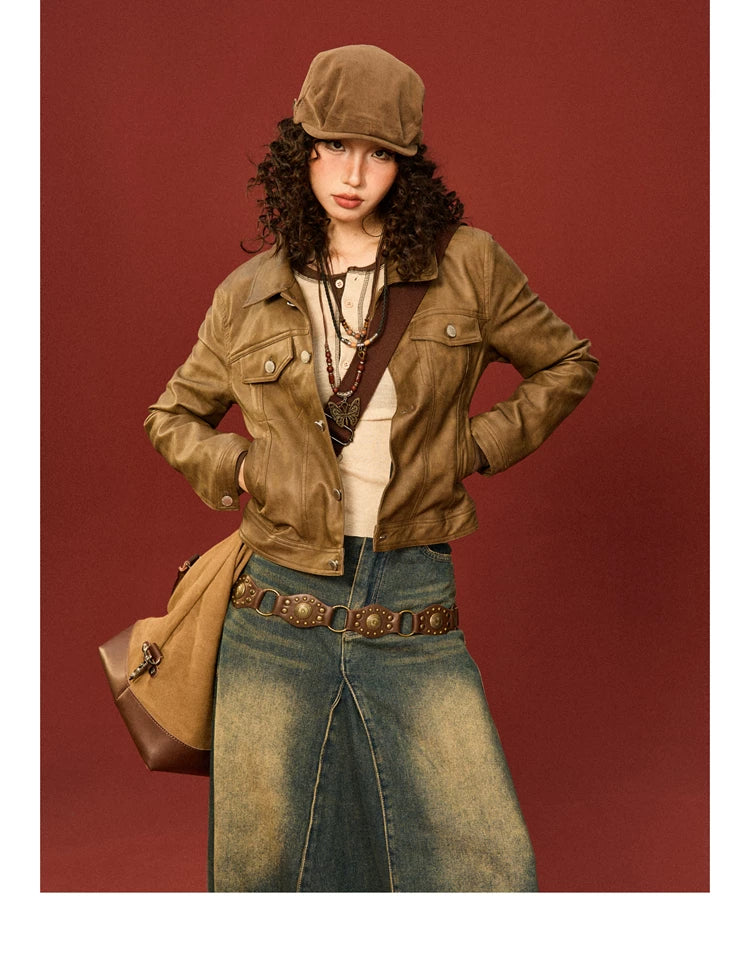 PU Leather Standing-Collar Short Jacket