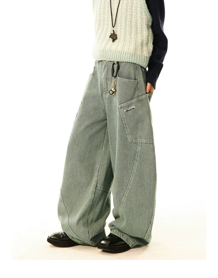 Stripe Pattern Wide Leg Denim Jeans