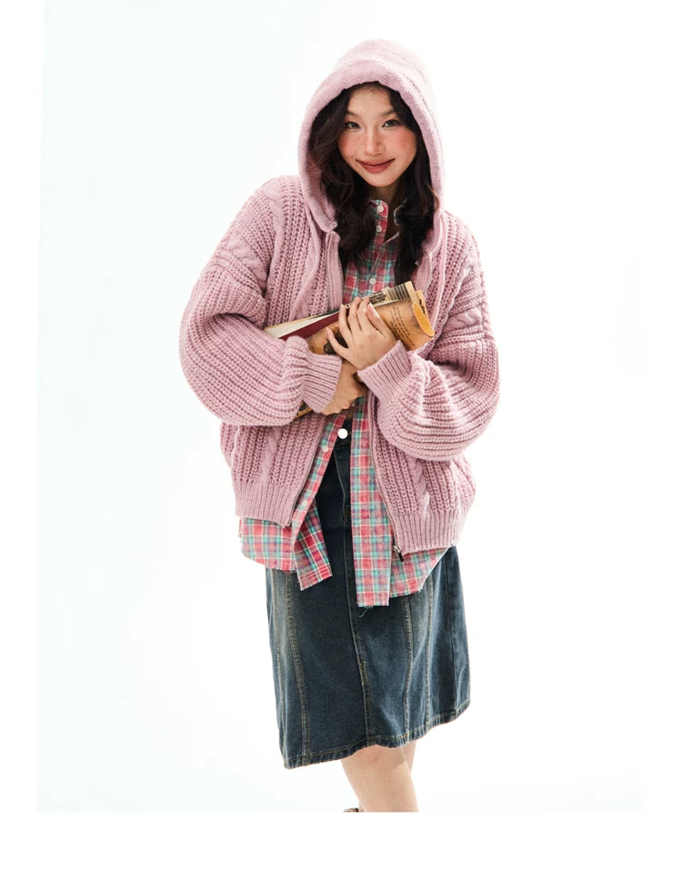 Chunky Knit Zipper Hooded Oversize Cardigan