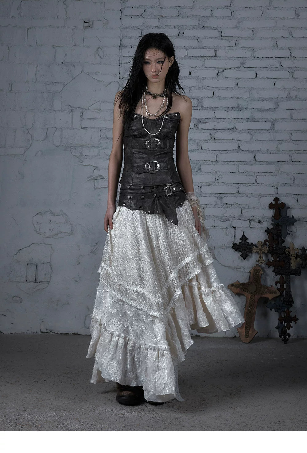 Asymmetric Lace Layered Belt Detail Skirt
