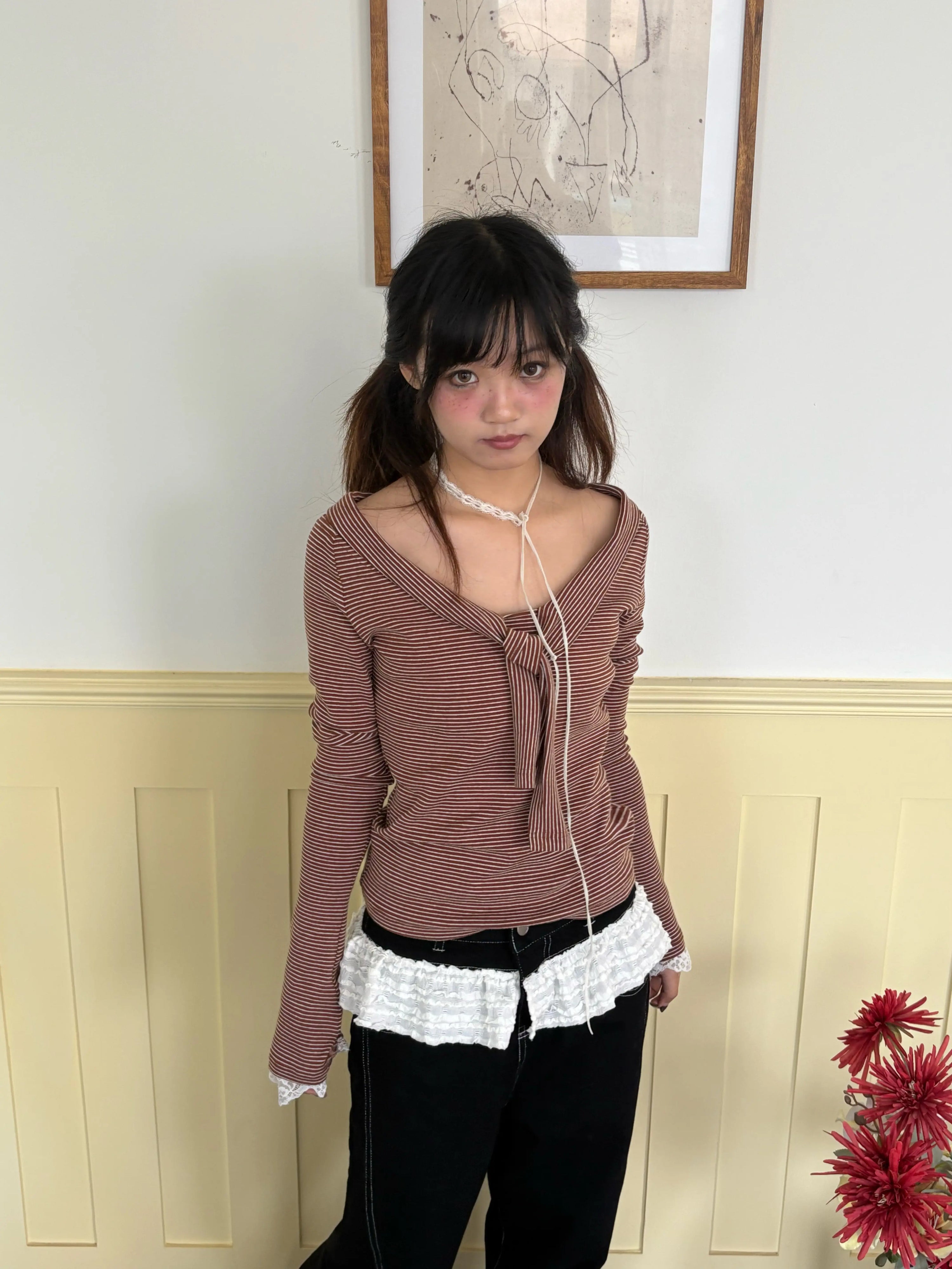Striped Lace Trim Tie Detail Long Sleeve T-Shirt