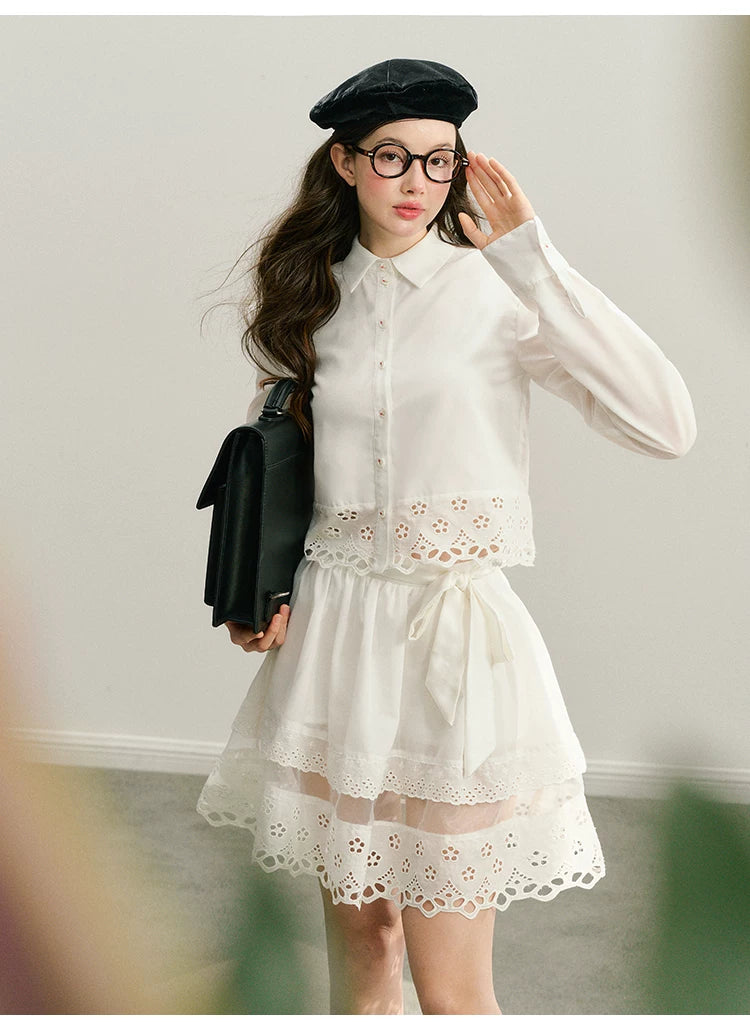 Lace Long Sleeve Shirt & Lace Short Skirt Setup