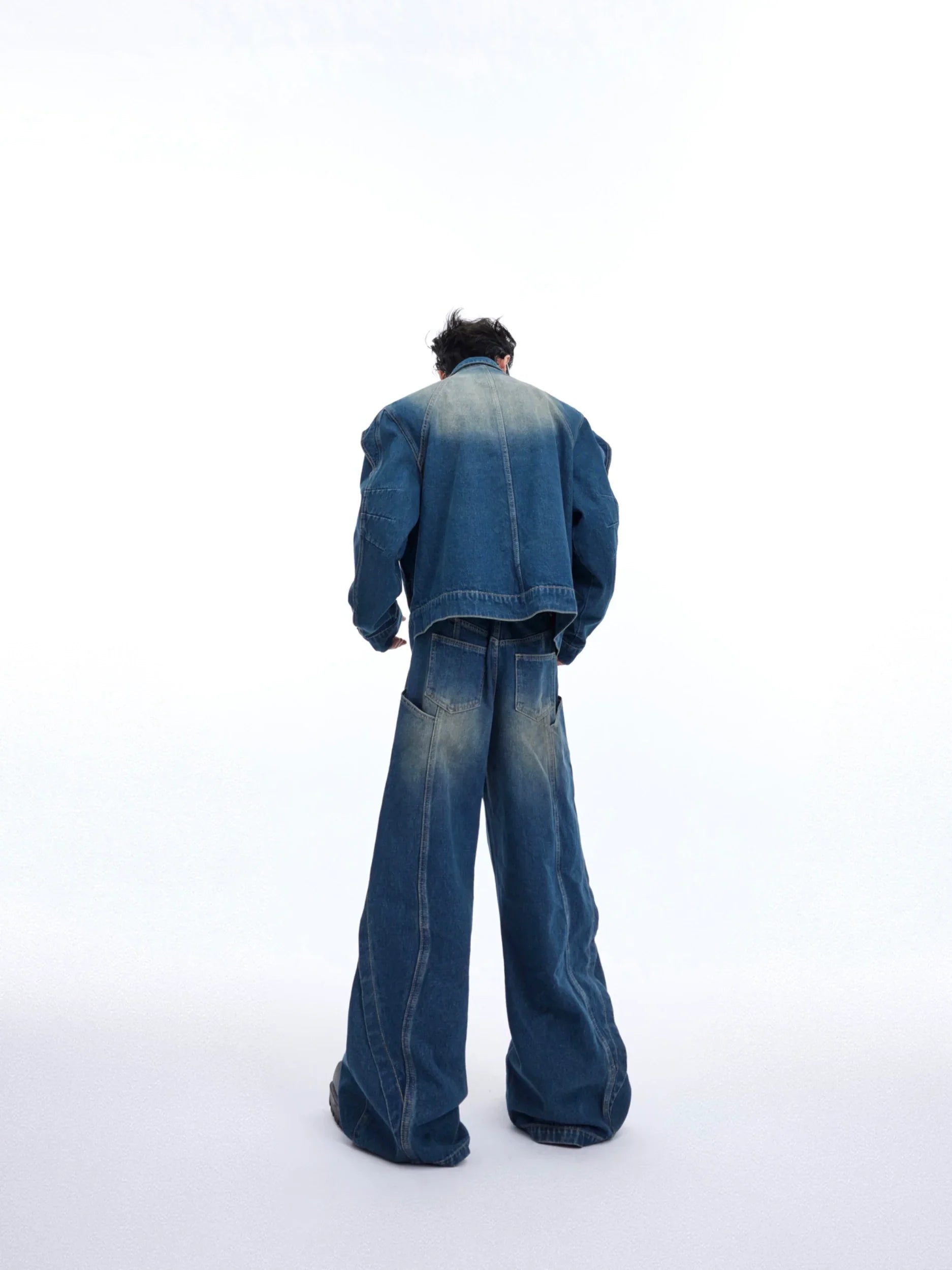 Double Layered Design Short Denim Jacket & Wide Leg Denim Jeans Setup