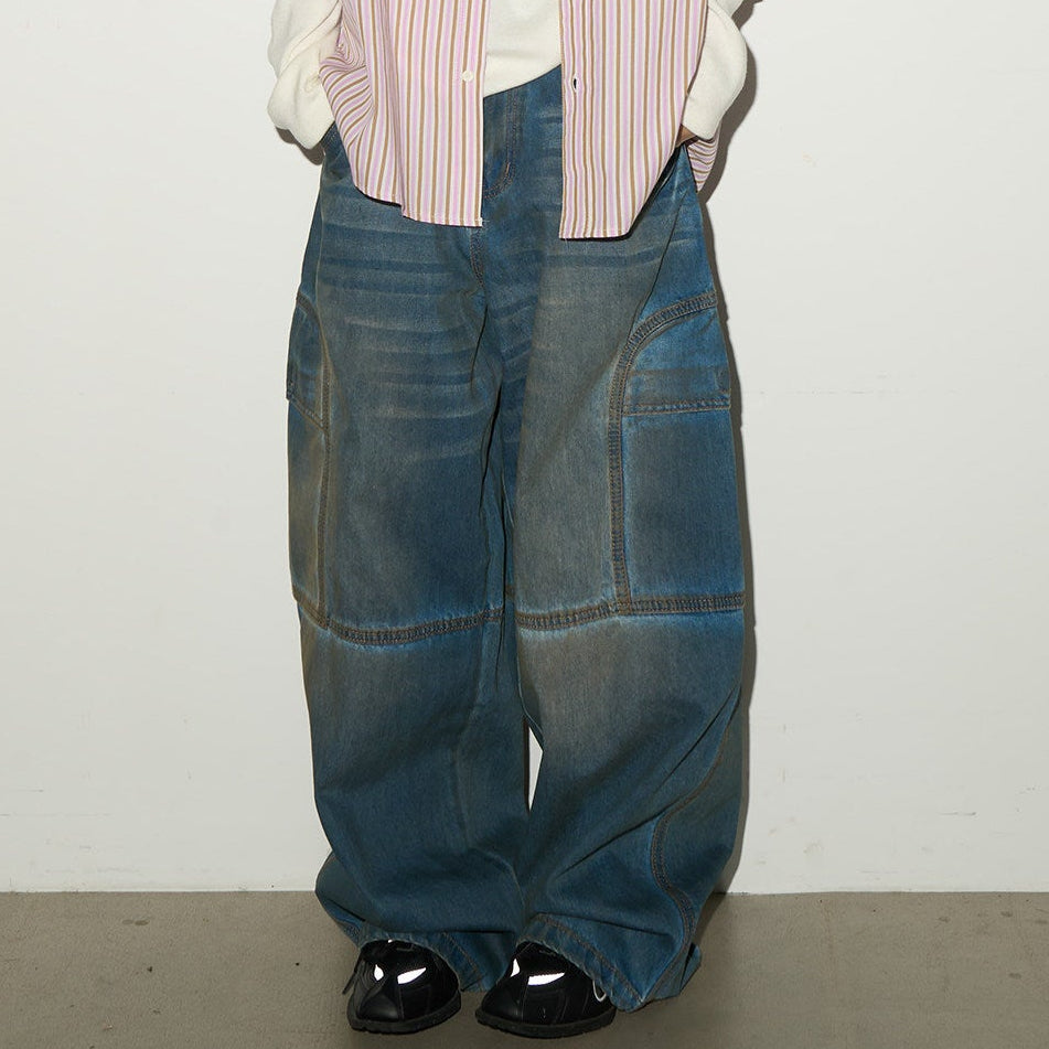 Washed Panel Strap Detail Wide Leg Denim Jeans