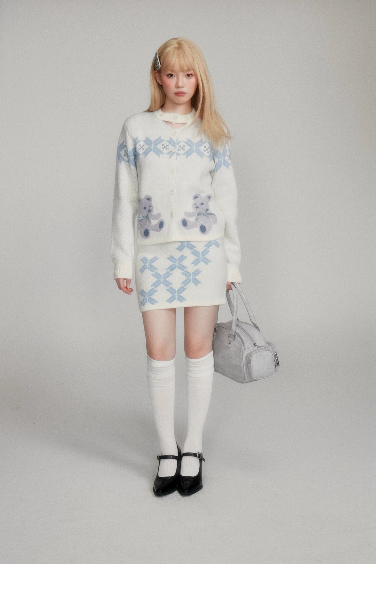 Teddy Bear Snowflake Knit Cardigan & Short Skirt Setup