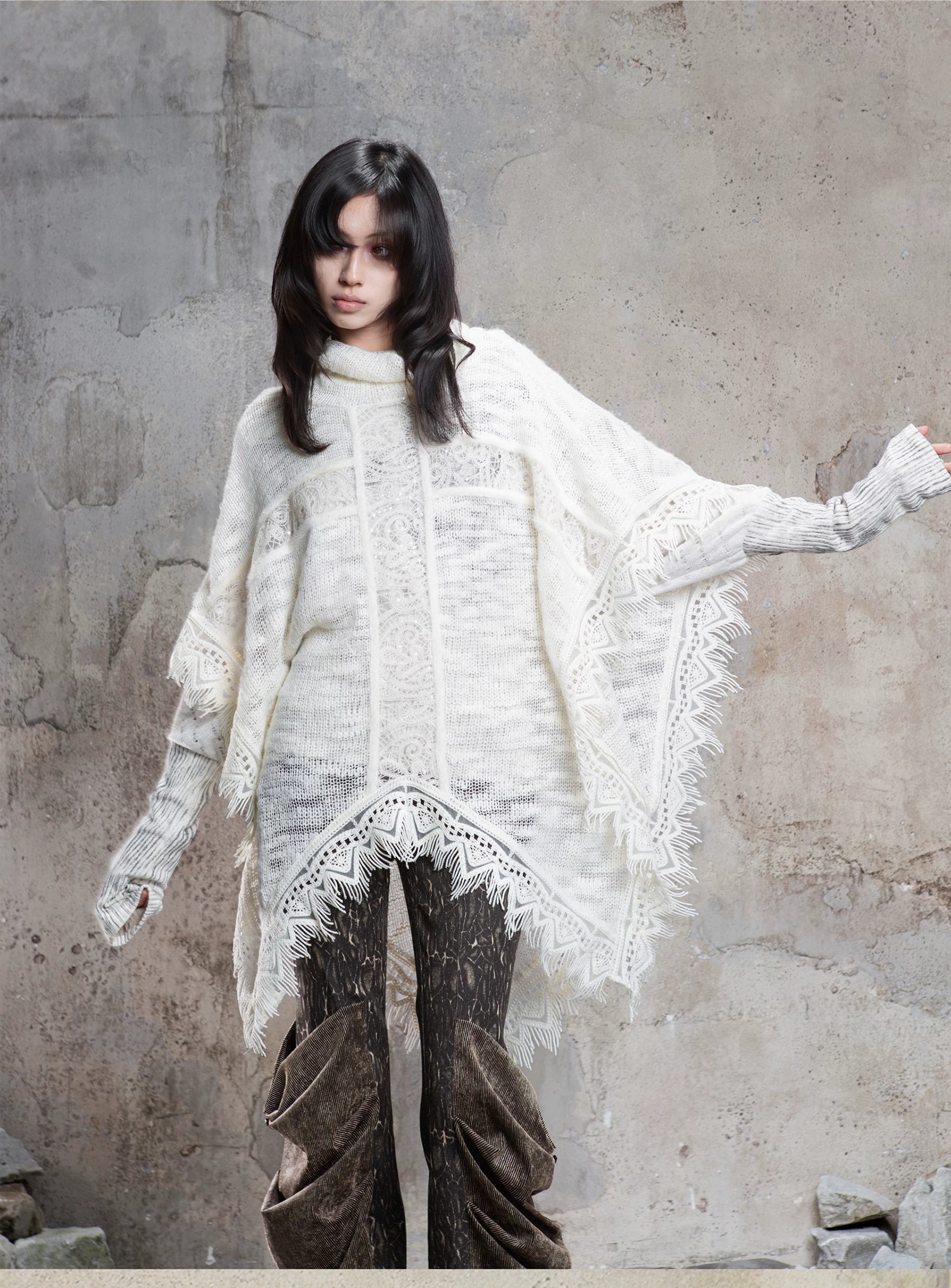 Punk Cross Cape Asymmetric Fringe Knit Sweater