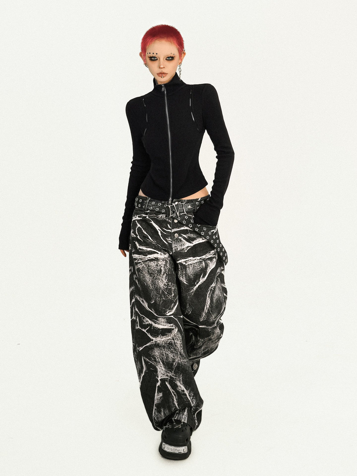 Ripple Pattern Design Wide Leg Denim Jeans