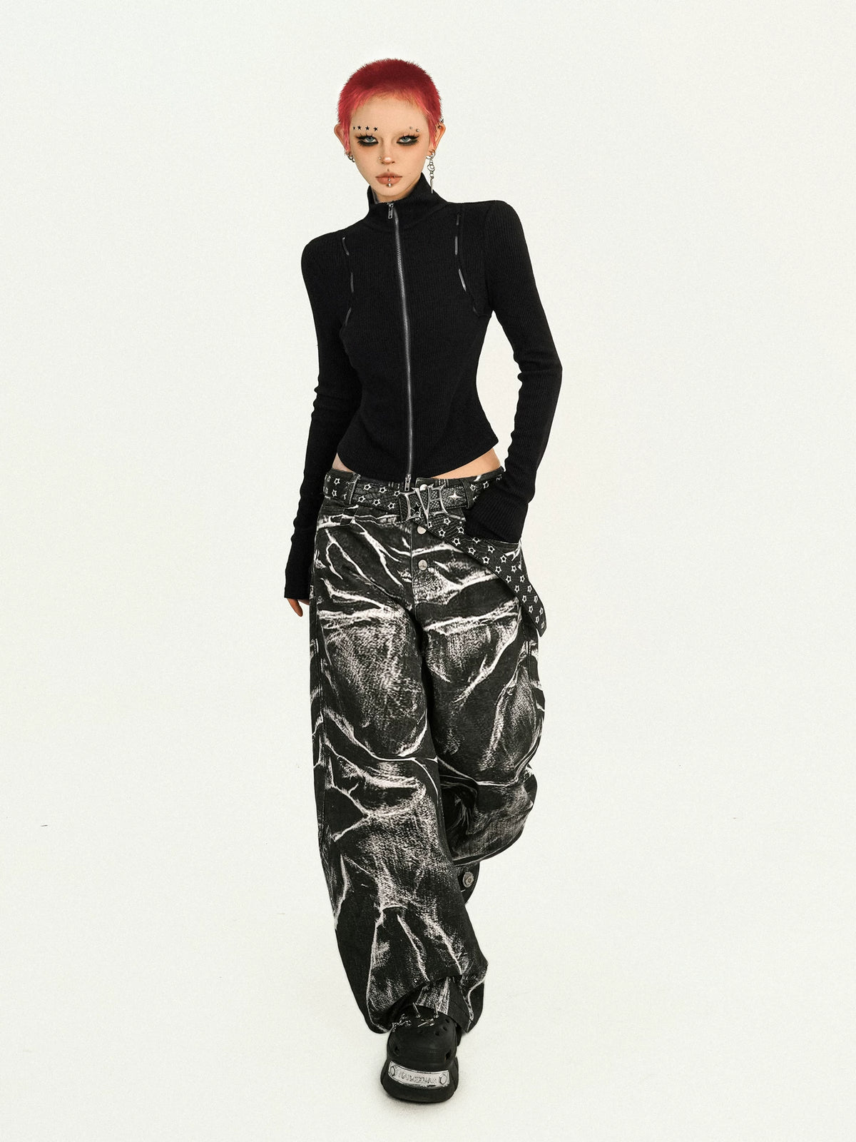 Ripple Pattern Design Wide Leg Denim Jeans