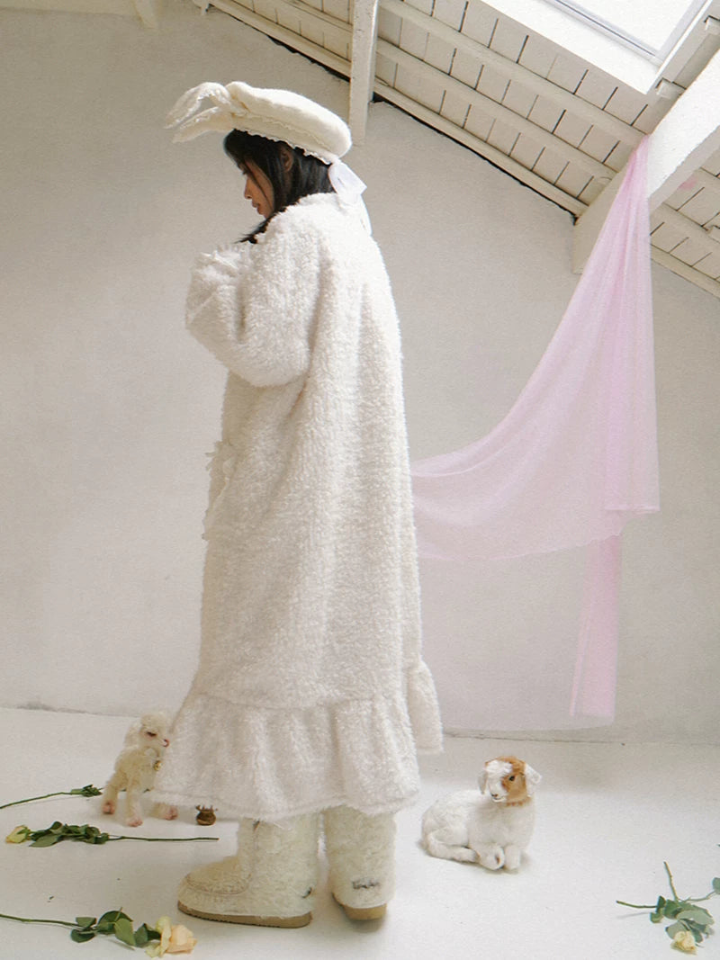 Plush Bow Ruffle Long Coat