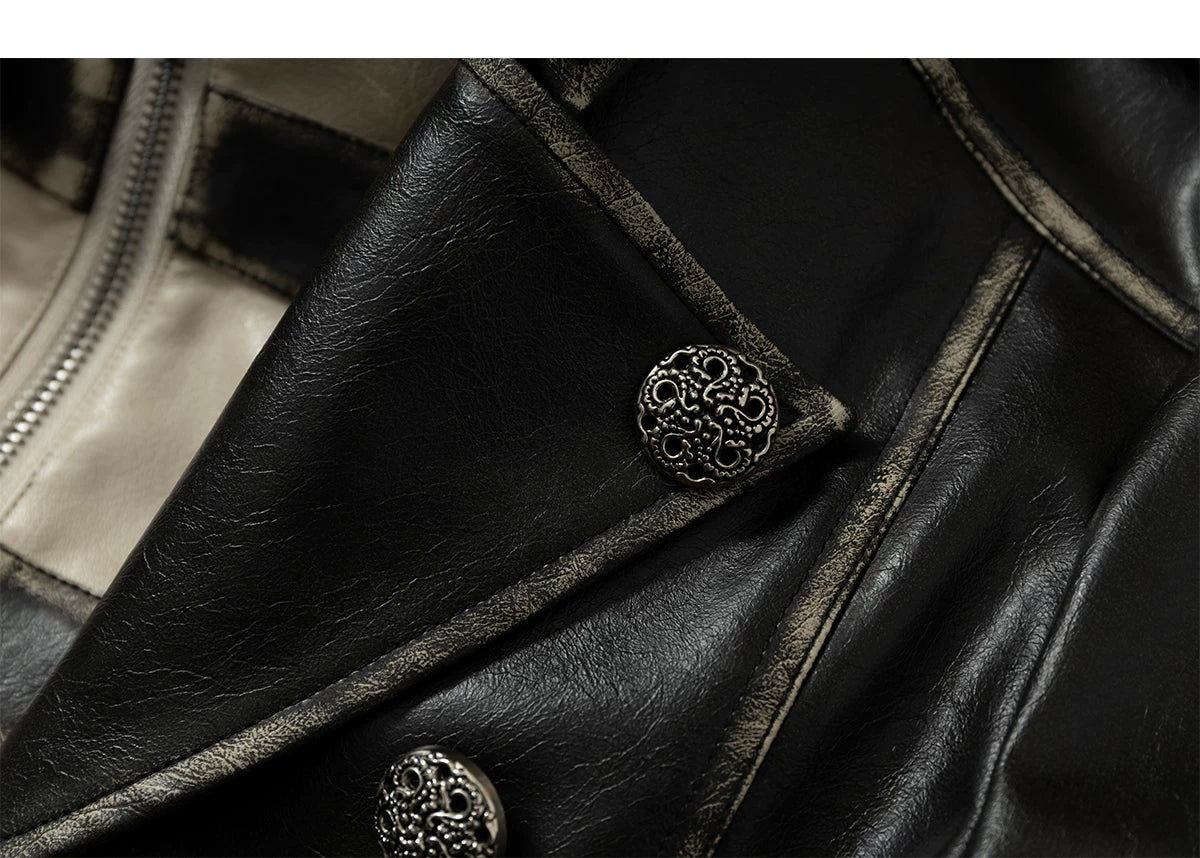 Standing-Collar Belt Detail Fake Fur Cuff PU Leather Jacket