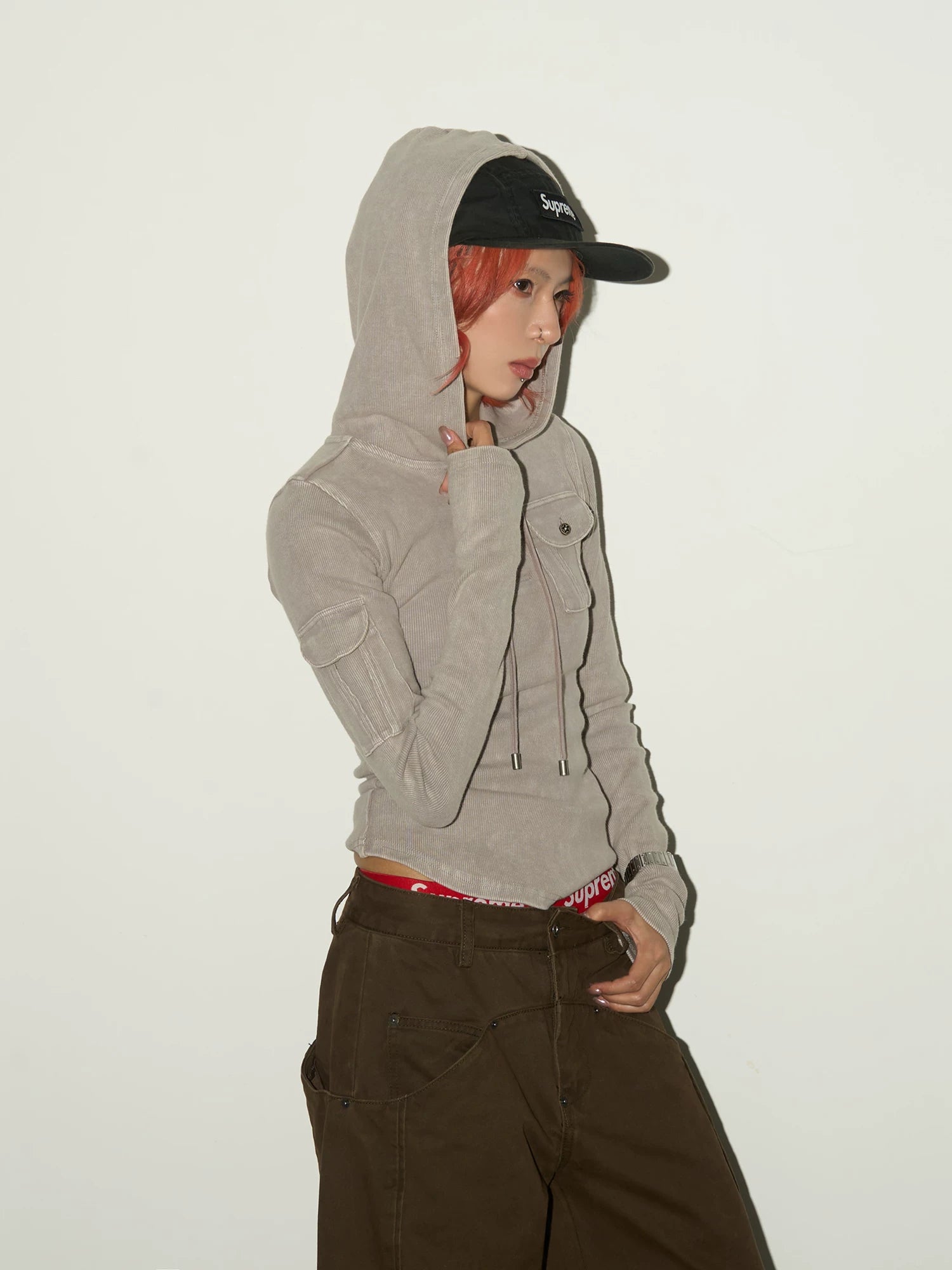 Ribbed Henley Fitted Hooded Long Sleeve T-Shirt