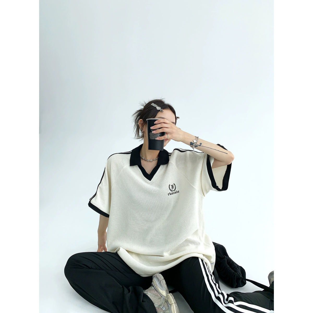Oversize V-Neck Short Sleeve Polo Shirt