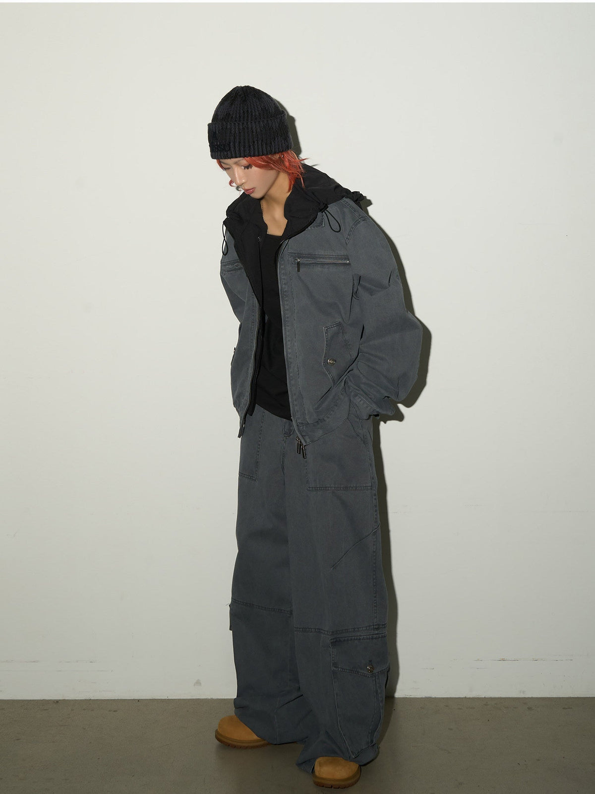 Fake Layered Hooded Jacket & Multi Pocket Cargo Pants Setup