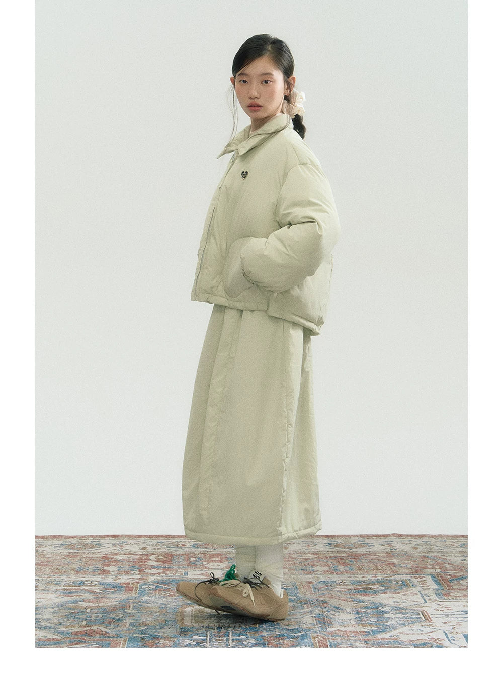 Drawstring Short Puffer Jacket & Pleated Skirt Setup