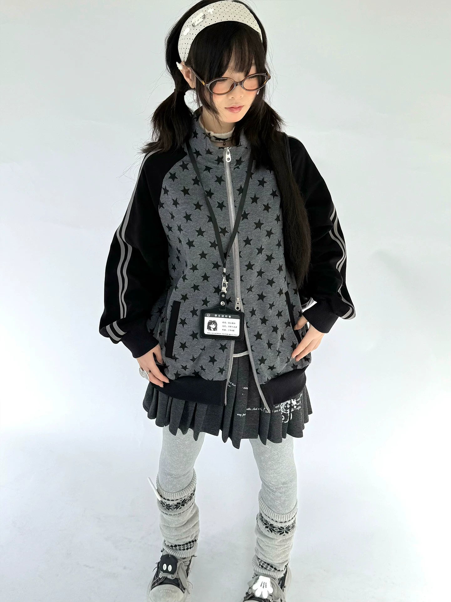 Star Print Double Zipper High-Neck Oversize Cardigan