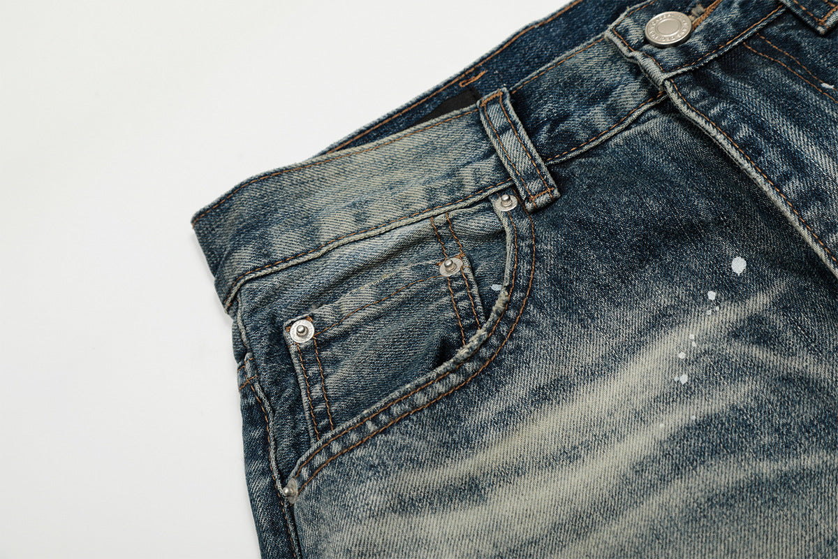 Washed Paint Splatter Curved Wide Leg Denim Jeans
