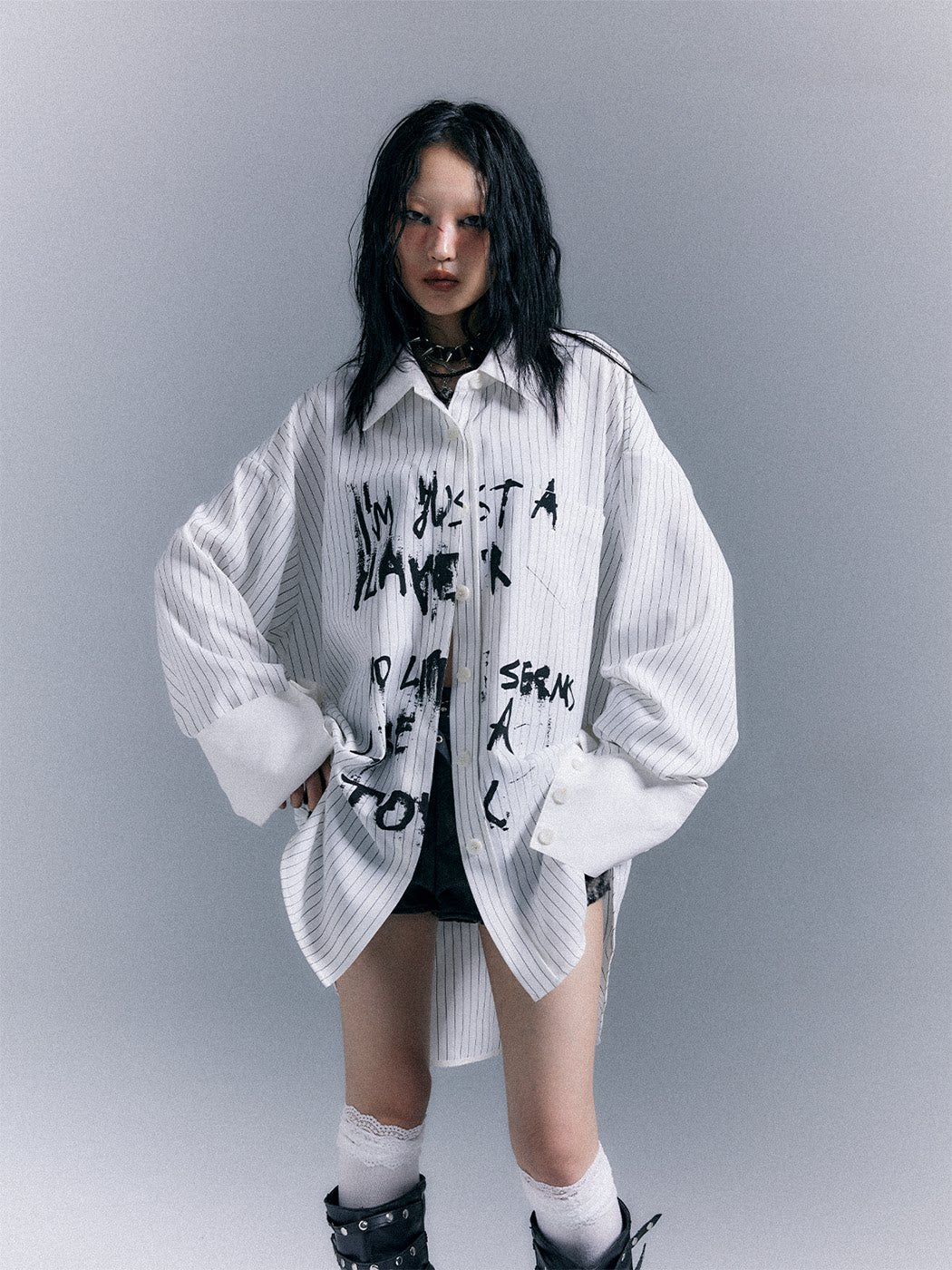 Graffiti Print Stripe Oversize Long Sleeve Shirt
