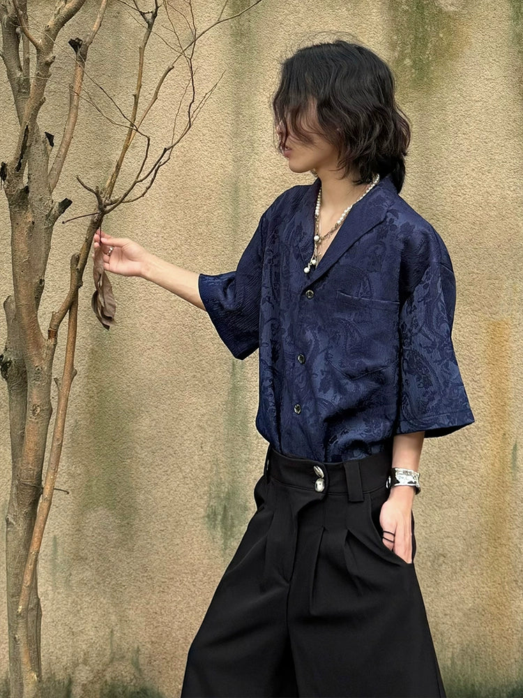 Jacquard Texture Cuban Collar Short Sleeve Shirt