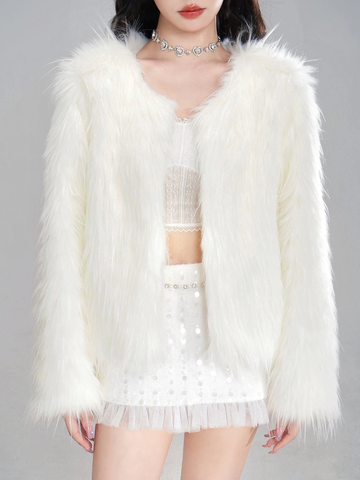 Eco Fur Warm Jacket & Short Skirt & Long Skirt Setup