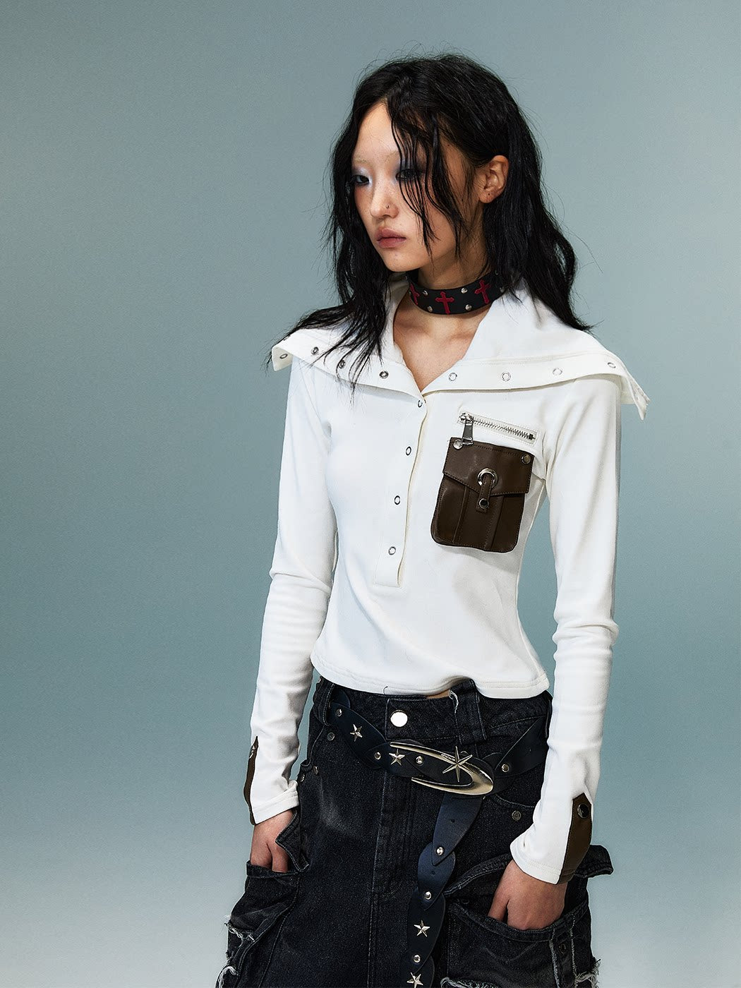 High-Neck Convertible Slim Knit Long Sleeve Shirt