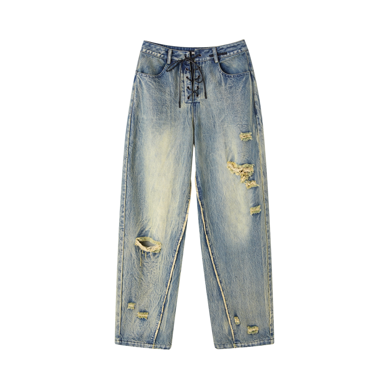 Washed Blue Damage Wide Leg Denim Jeans