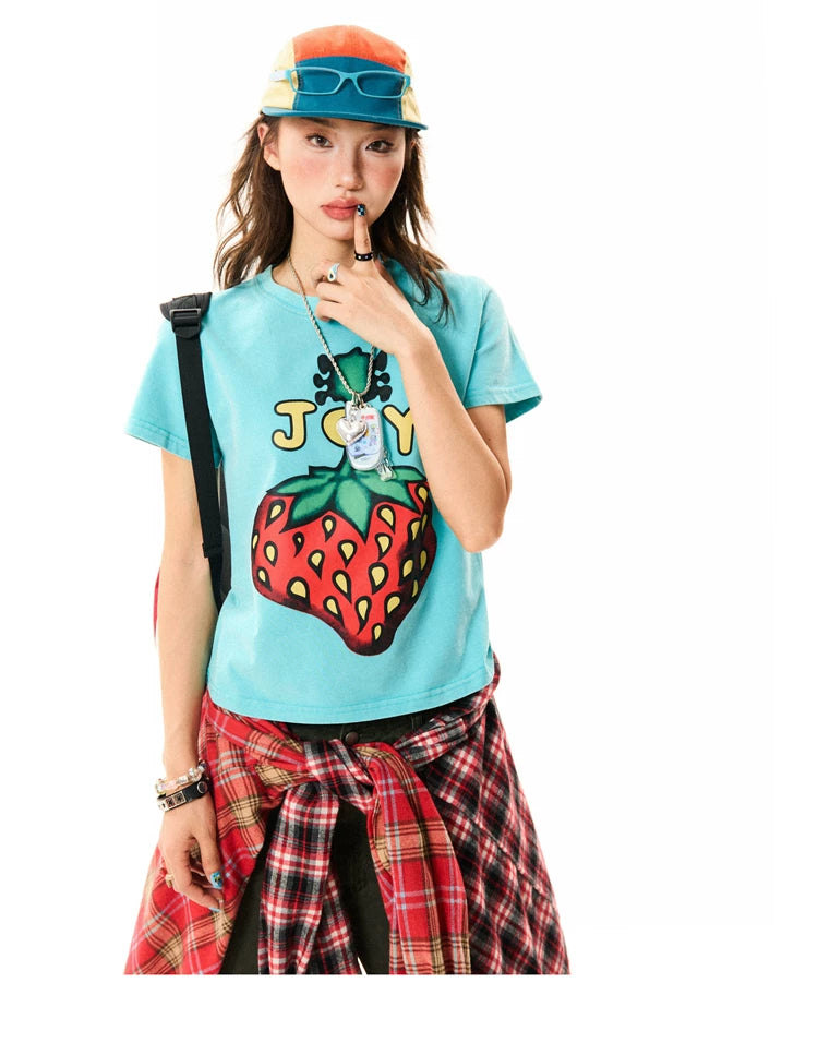 Strawberry Print Cropped Short Sleeve T-Shirt