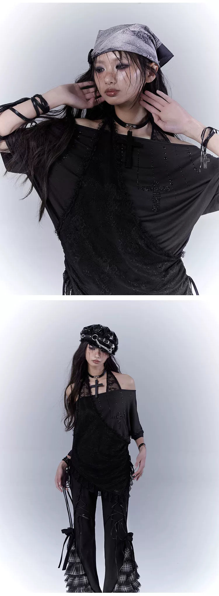 Lace Patchwork Halter Neck Rhinestone Oversize Short Sleeve T-Shirt