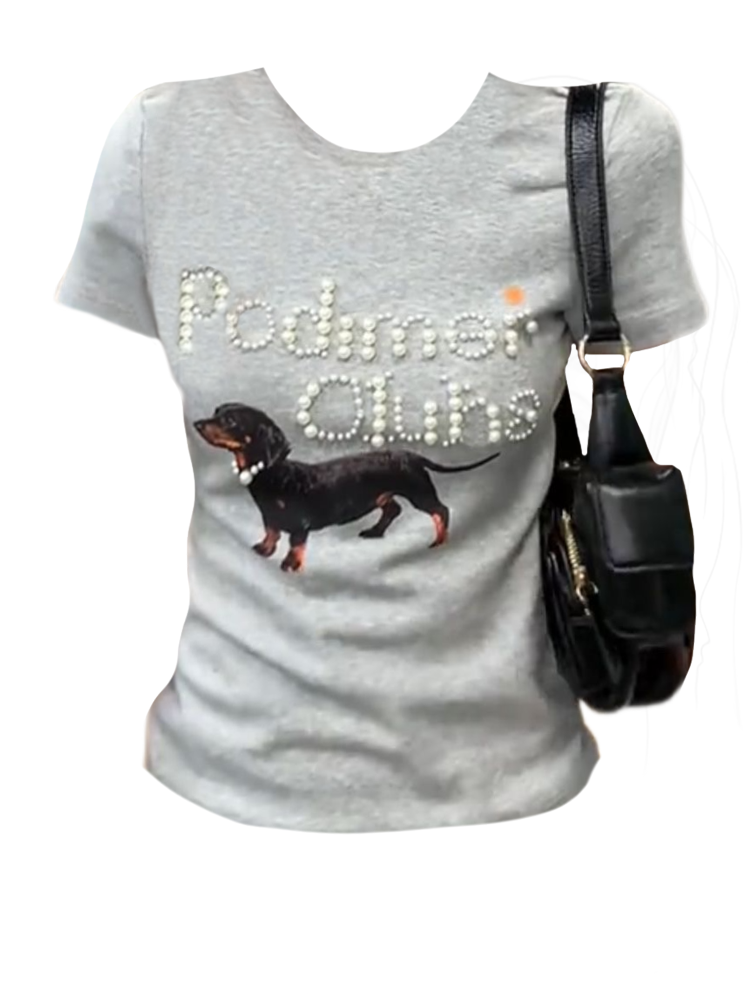 Korean Vintage Dachshund Dog Print T-Shirt